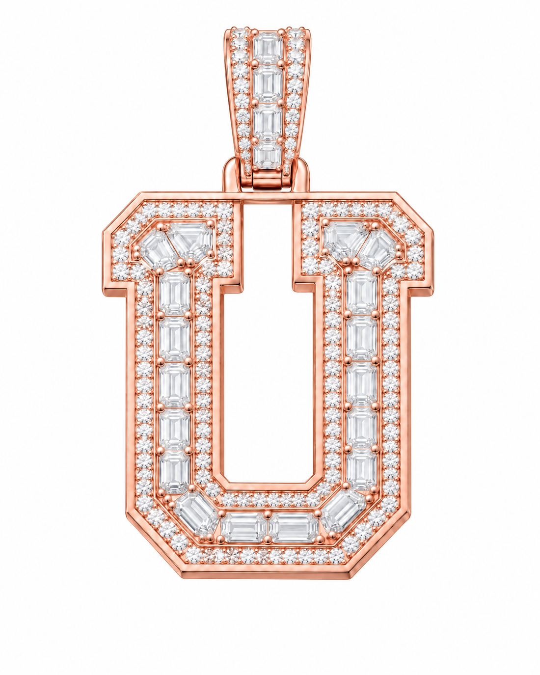 AI design render: letter U lab-grown diamond pendant in rose gold, with emerald-cut centers, round diamond borders and diamond-set bail.