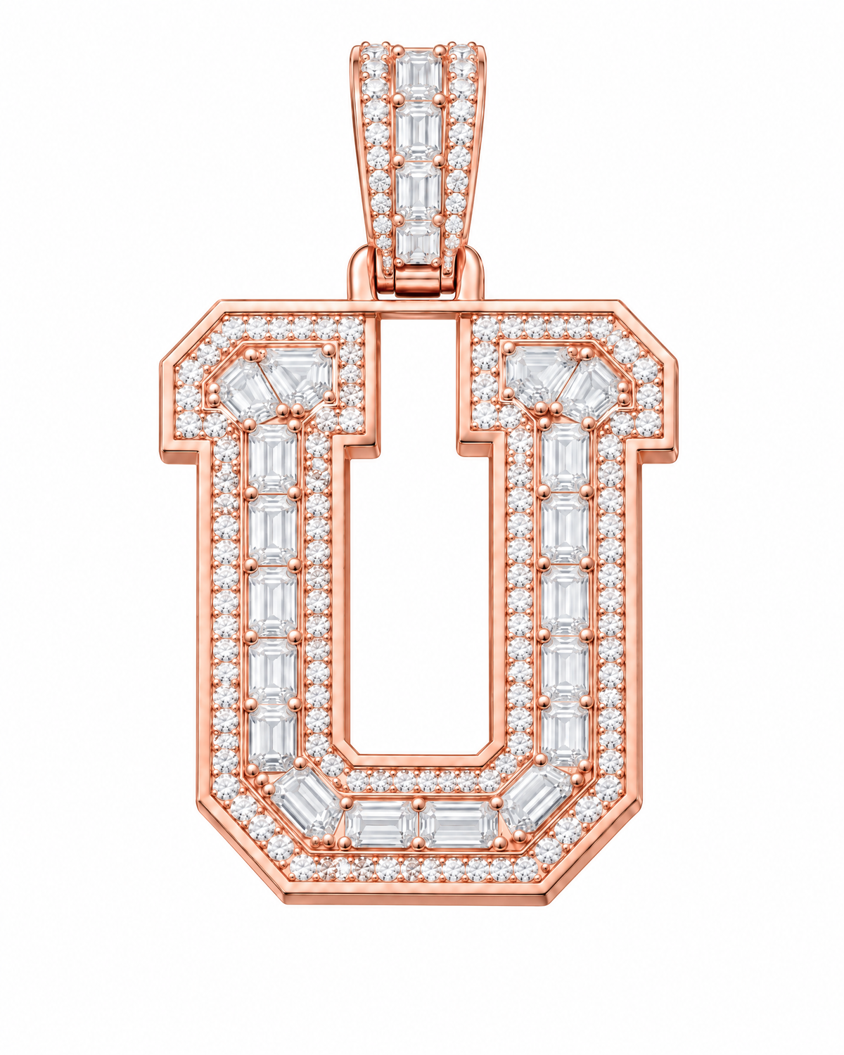 AI design render: letter U lab-grown diamond pendant in rose gold, with emerald-cut centers, round diamond borders and diamond-set bail.