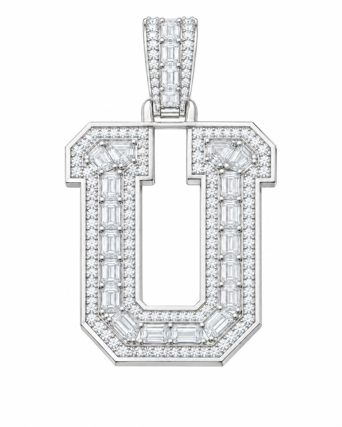 AI design render: letter U lab-grown diamond pendant in white gold, with emerald-cut centers, round diamond borders and diamond-set bail.