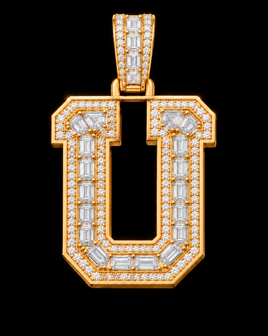 AI design render of letter U pendant in yellow gold with emerald-cut diamond centers, round diamond borders and a diamond-set bail.