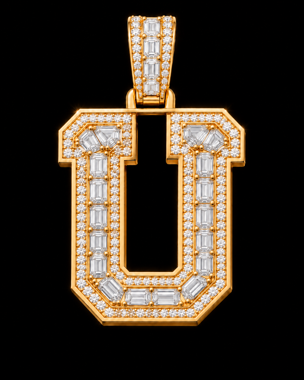 AI design render of letter U pendant in yellow gold with emerald-cut diamond centers, round diamond borders and a diamond-set bail.