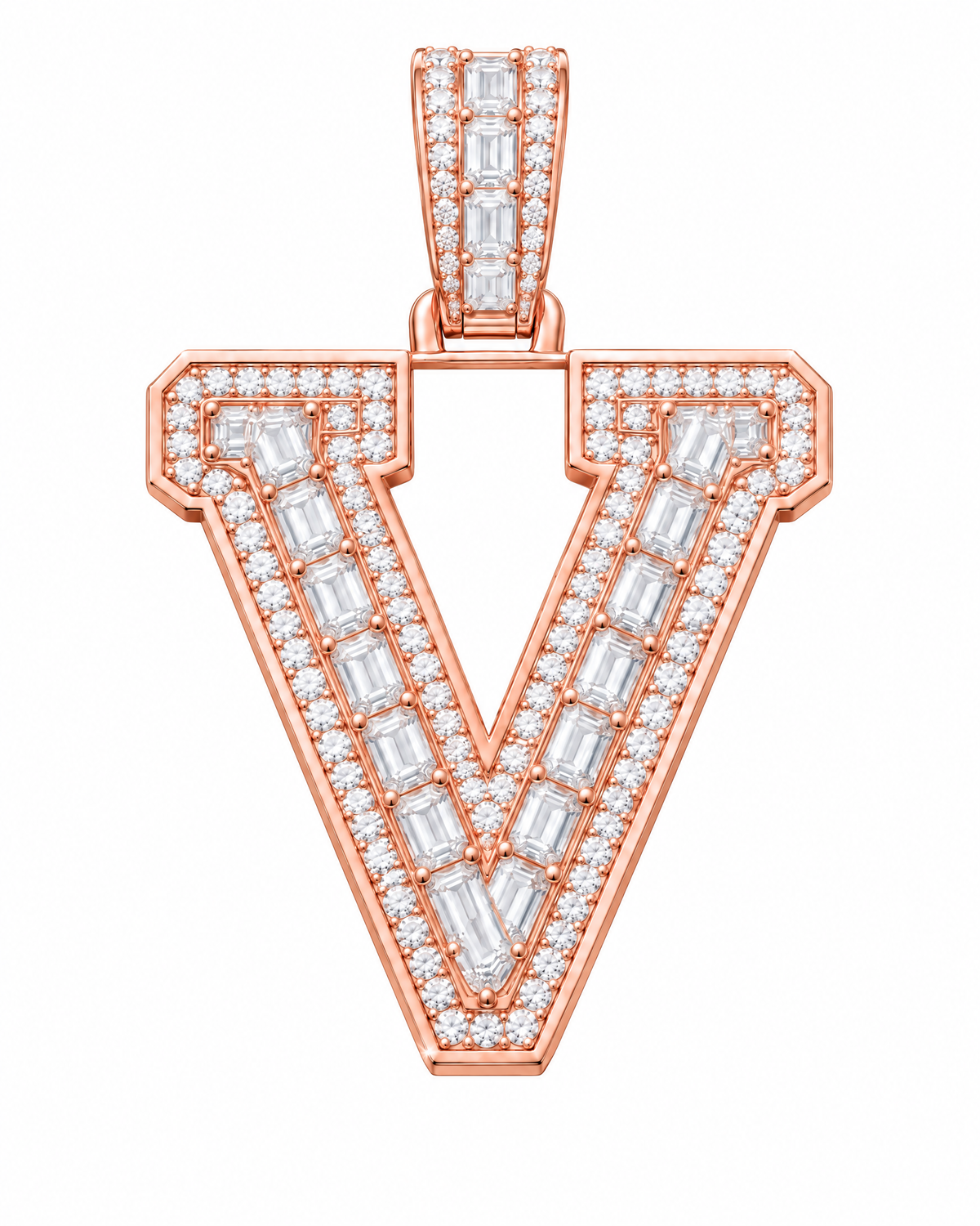 AI design render: letter V lab-grown diamond pendant in rose gold, with emerald-cut centers, round diamond borders and diamond-set bail.