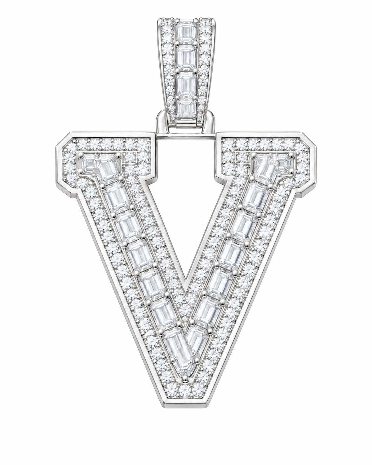 AI design render: letter V lab-grown diamond pendant in white gold, with emerald-cut centers, round diamond borders and diamond-set bail.