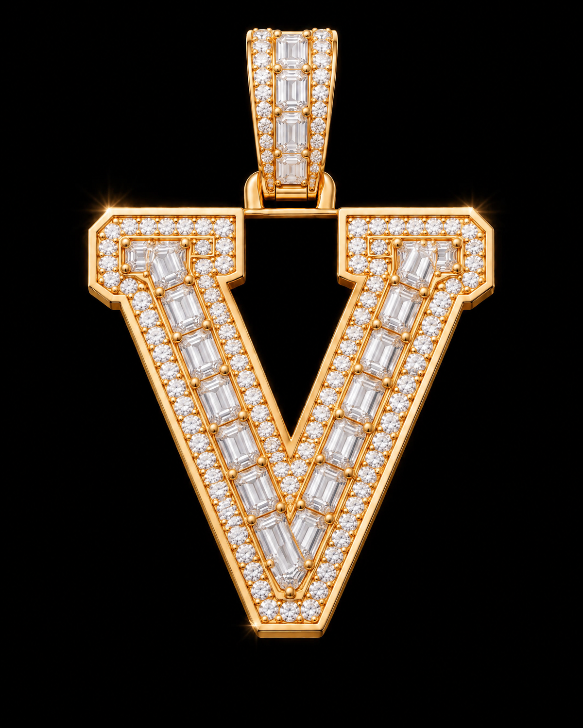 AI design render of letter V pendant in yellow gold with emerald-cut diamond centers, round diamond borders and a diamond-set bail.