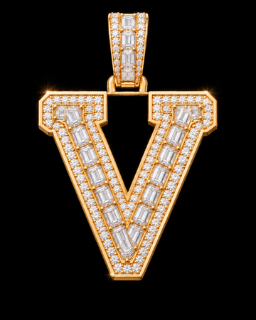 AI design render of letter V pendant in yellow gold with emerald-cut diamond centers, round diamond borders and a diamond-set bail.
