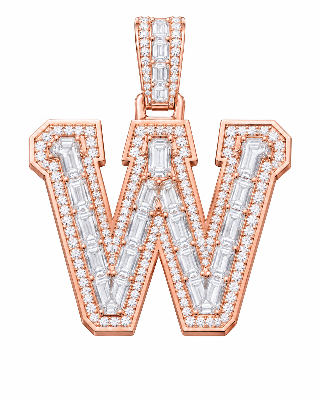 AI design render: letter W lab-grown diamond pendant in rose gold, with emerald-cut centers, round diamond borders and diamond-set bail.