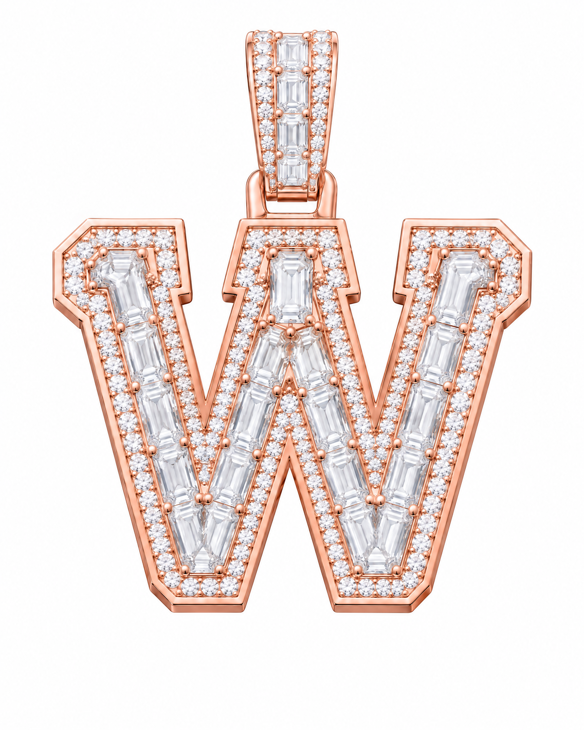 AI design render: letter W lab-grown diamond pendant in rose gold, with emerald-cut centers, round diamond borders and diamond-set bail.