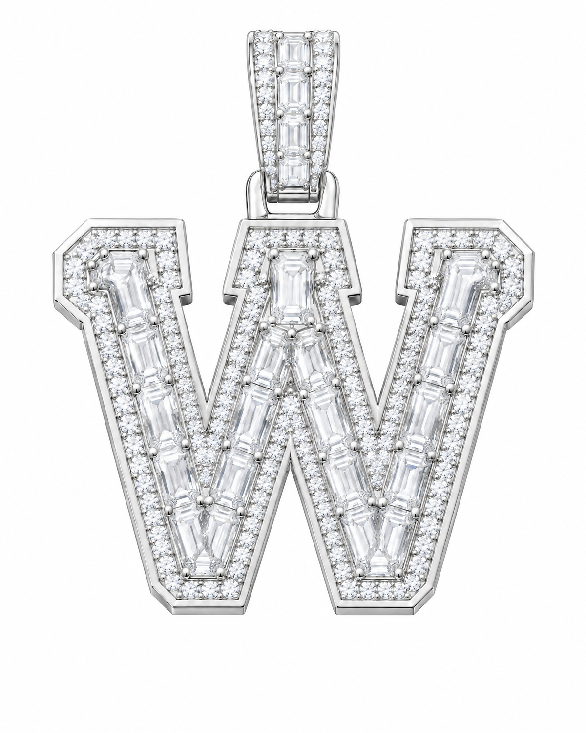 AI design render: letter W lab-grown diamond pendant in white gold, with emerald-cut centers, round diamond borders and diamond-set bail.