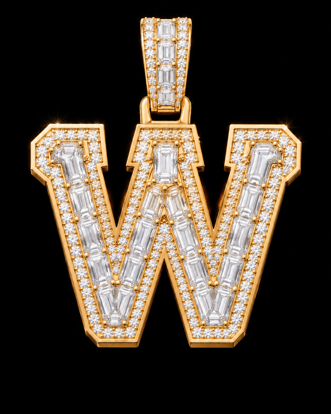 AI design render of letter W pendant in yellow gold with emerald-cut diamond centers, round diamond borders and a diamond-set bail.