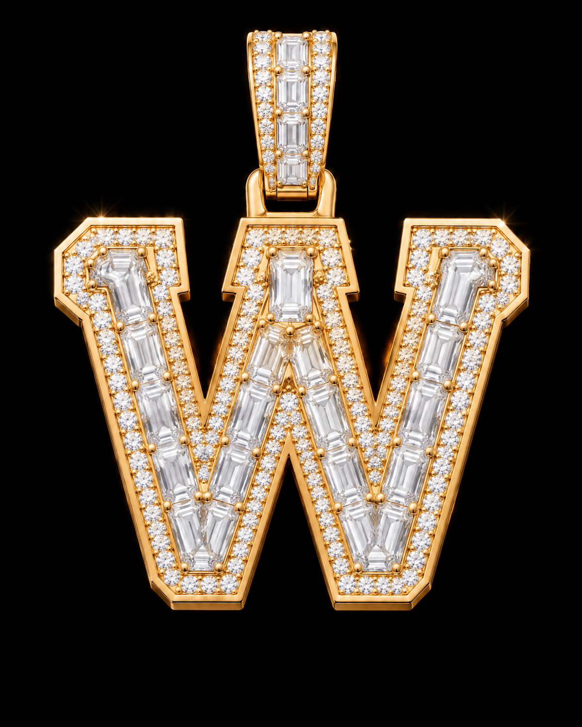 AI design render of letter W pendant in yellow gold with emerald-cut diamond centers, round diamond borders and a diamond-set bail.