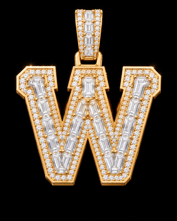 AI design render of letter W pendant in yellow gold with emerald-cut diamond centers, round diamond borders and a diamond-set bail.