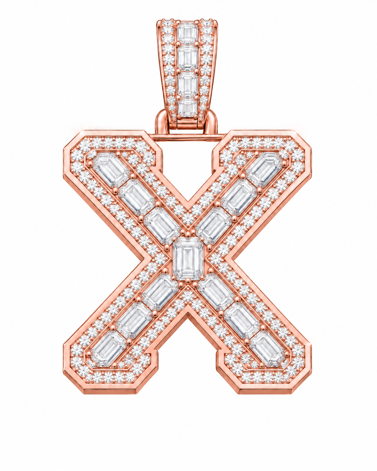 AI design render: letter X lab-grown diamond pendant in rose gold, with emerald-cut centers, round diamond borders and diamond-set bail.