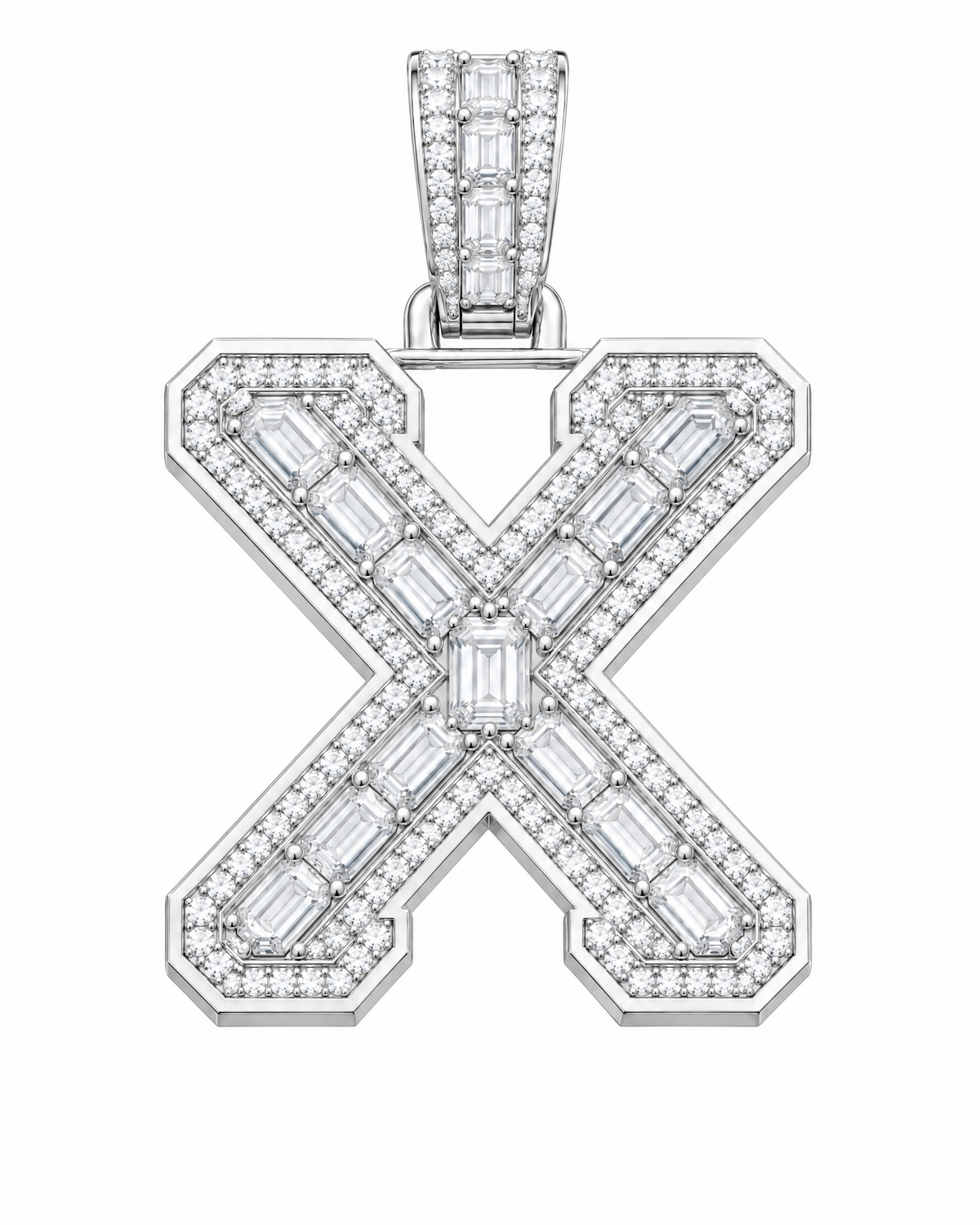 AI design render: letter X lab-grown diamond pendant in white gold, with emerald-cut centers, round diamond borders and diamond-set bail.
