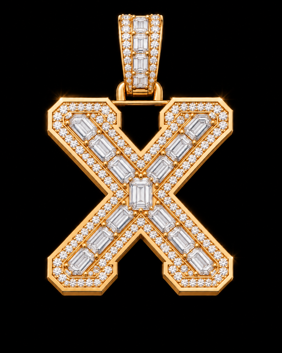 AI design render of letter X pendant in yellow gold with emerald-cut diamond centers, round diamond borders and a diamond-set bail.