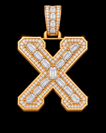 AI design render of letter X pendant in yellow gold with emerald-cut diamond centers, round diamond borders and a diamond-set bail.