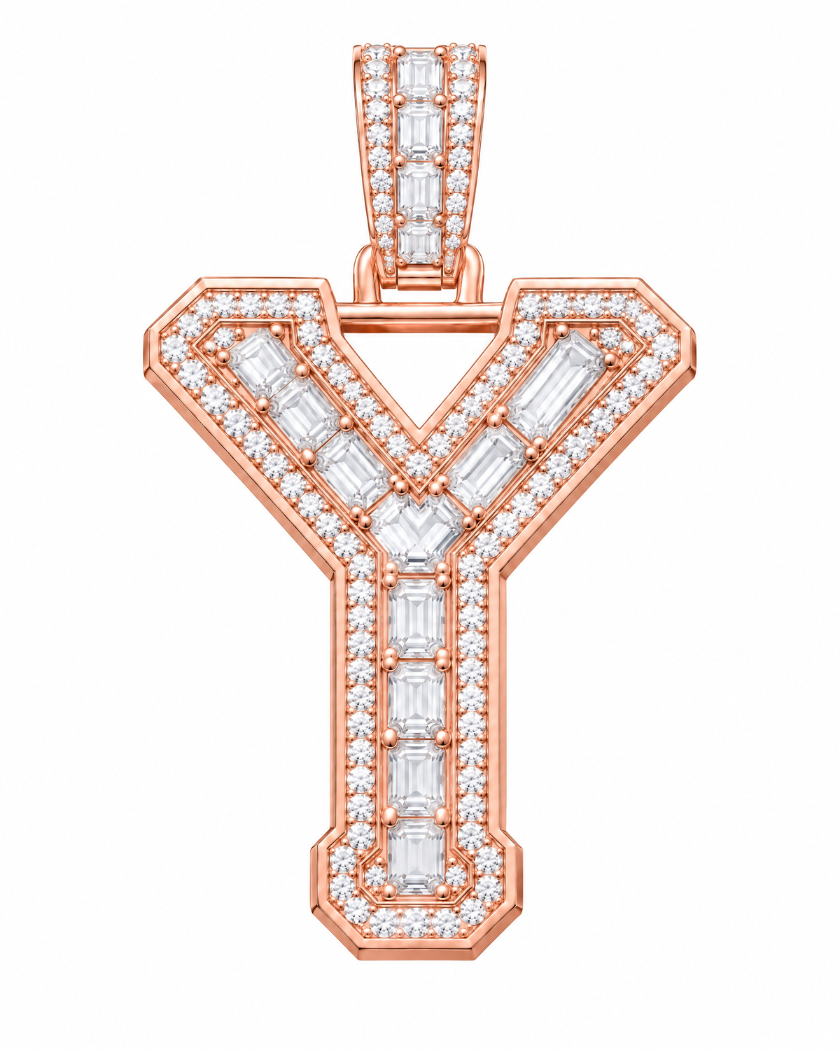AI design render: letter Y lab-grown diamond pendant in rose gold, with emerald-cut centers, round diamond borders and diamond-set bail.