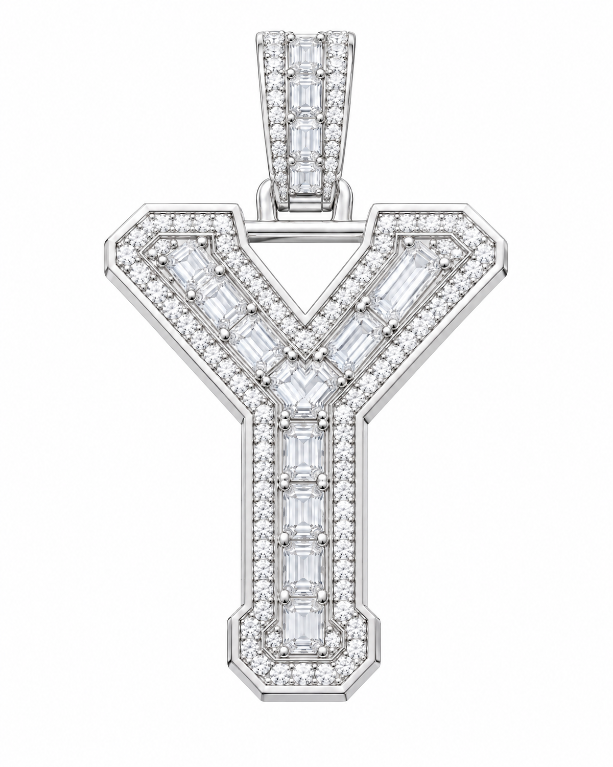 AI design render: letter Y lab-grown diamond pendant in white gold, with emerald-cut centers, round diamond borders and diamond-set bail.