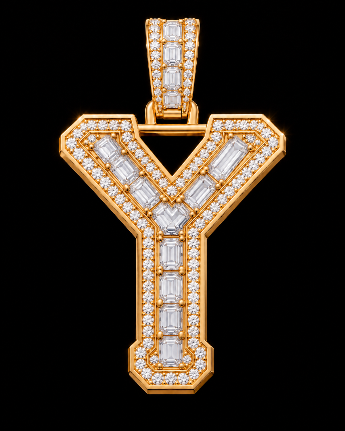 AI design render of letter Y pendant in yellow gold with emerald-cut diamond centers, round diamond borders and a diamond-set bail.