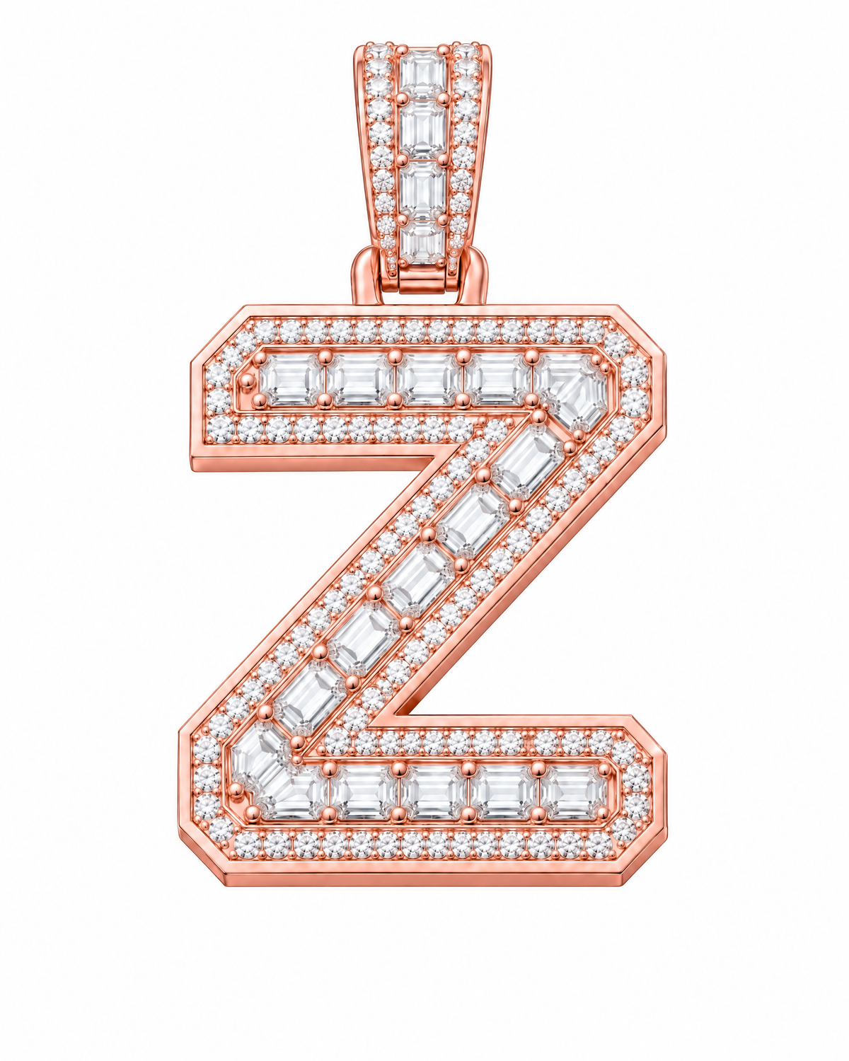 AI design render: letter Z lab-grown diamond pendant in rose gold, with emerald-cut centers, round diamond borders and diamond-set bail.