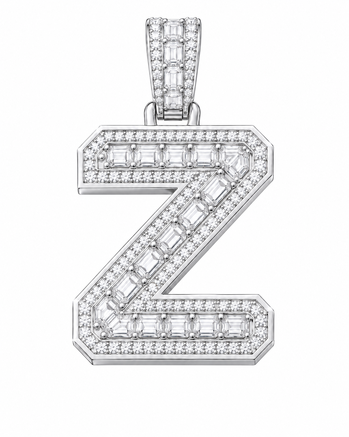 AI design render: letter Z lab-grown diamond pendant in white gold, with emerald-cut centers, round diamond borders and diamond-set bail.