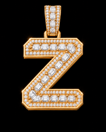 AI design render of letter Z pendant in yellow gold with emerald-cut diamond centers, round diamond borders and a diamond-set bail.