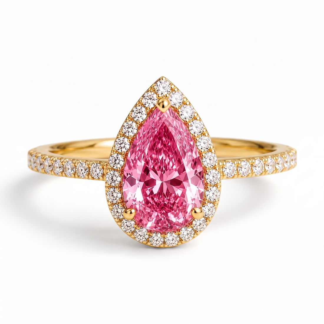 Lumière Pear-Shaped Pink Lab-Grown Diamond Halo Engagement Ring front catalog view on white background