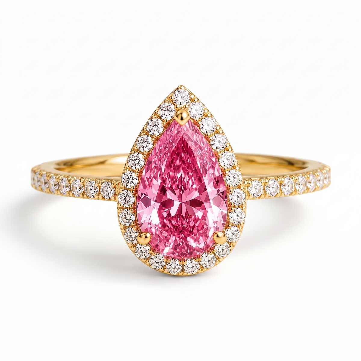 Lumière Pear-Shaped Pink Lab-Grown Diamond Halo Engagement Ring front catalog view on white background