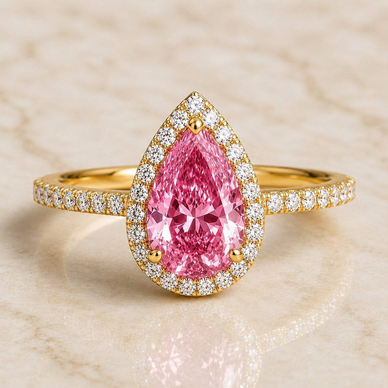 Lumière pear pink lab-grown diamond halo engagement ring in yellow gold