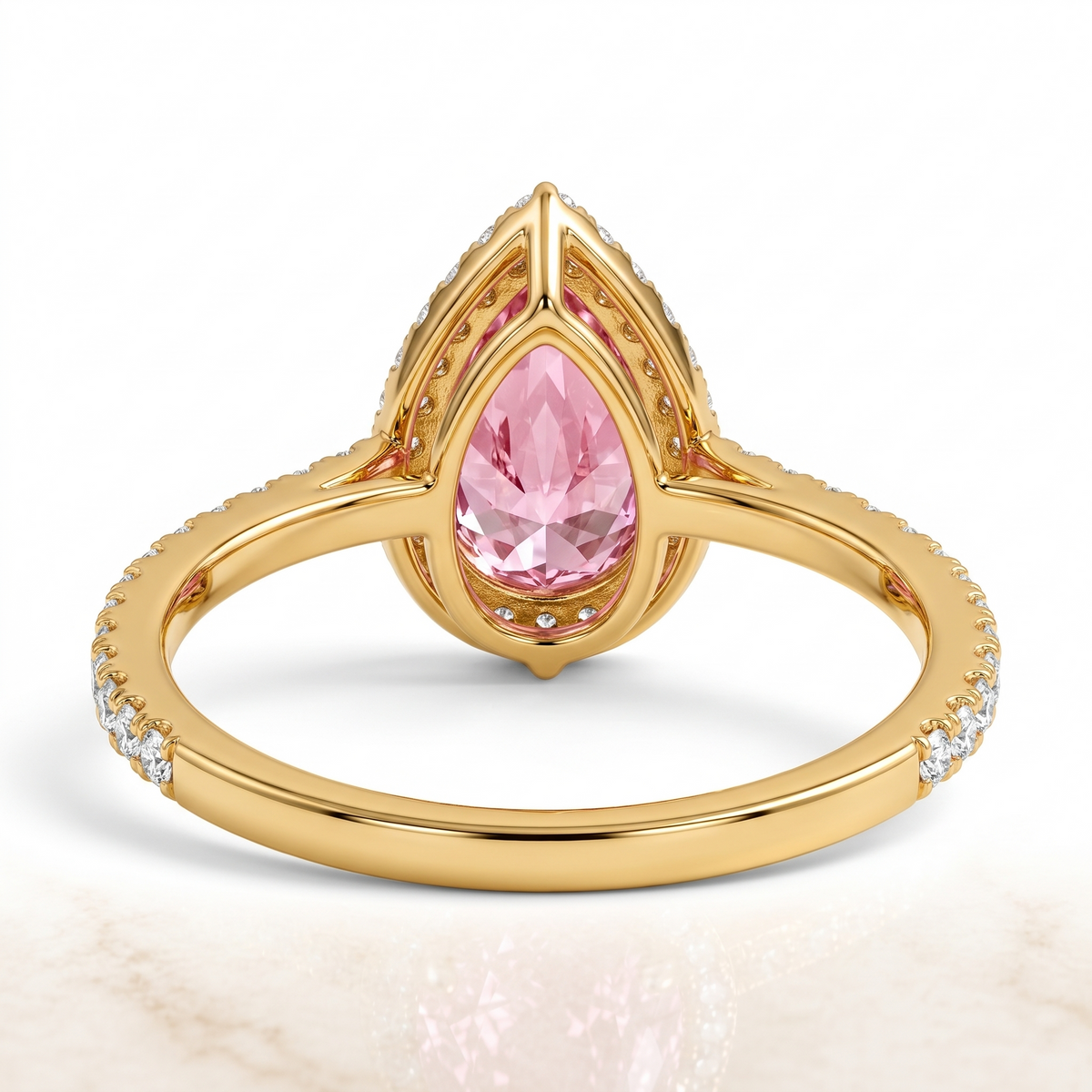 Lumière Pear-Shaped Pink Lab-Grown Diamond Halo Engagement Ring side and rear construction view on white background