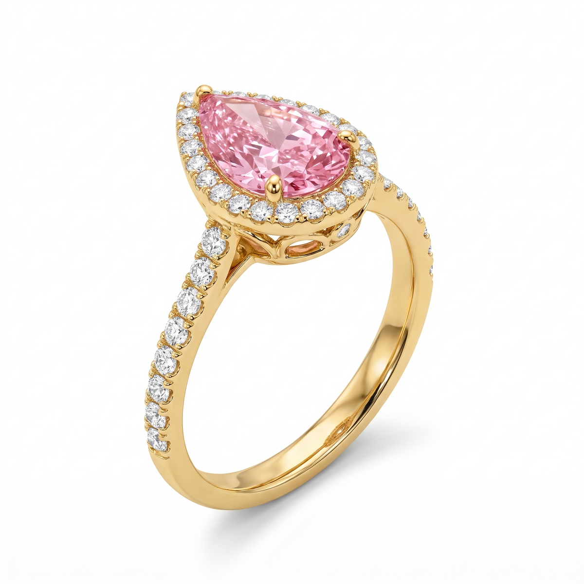 Lumière Pear-Shaped Pink Lab-Grown Diamond Halo Engagement Ring three-quarter catalog view on white background