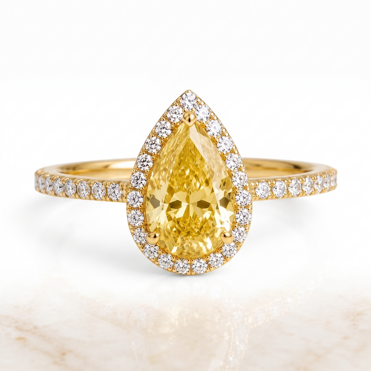 Lumière Pear-Shaped Yellow Lab-Grown Diamond Halo Engagement Ring front catalog view on white background
