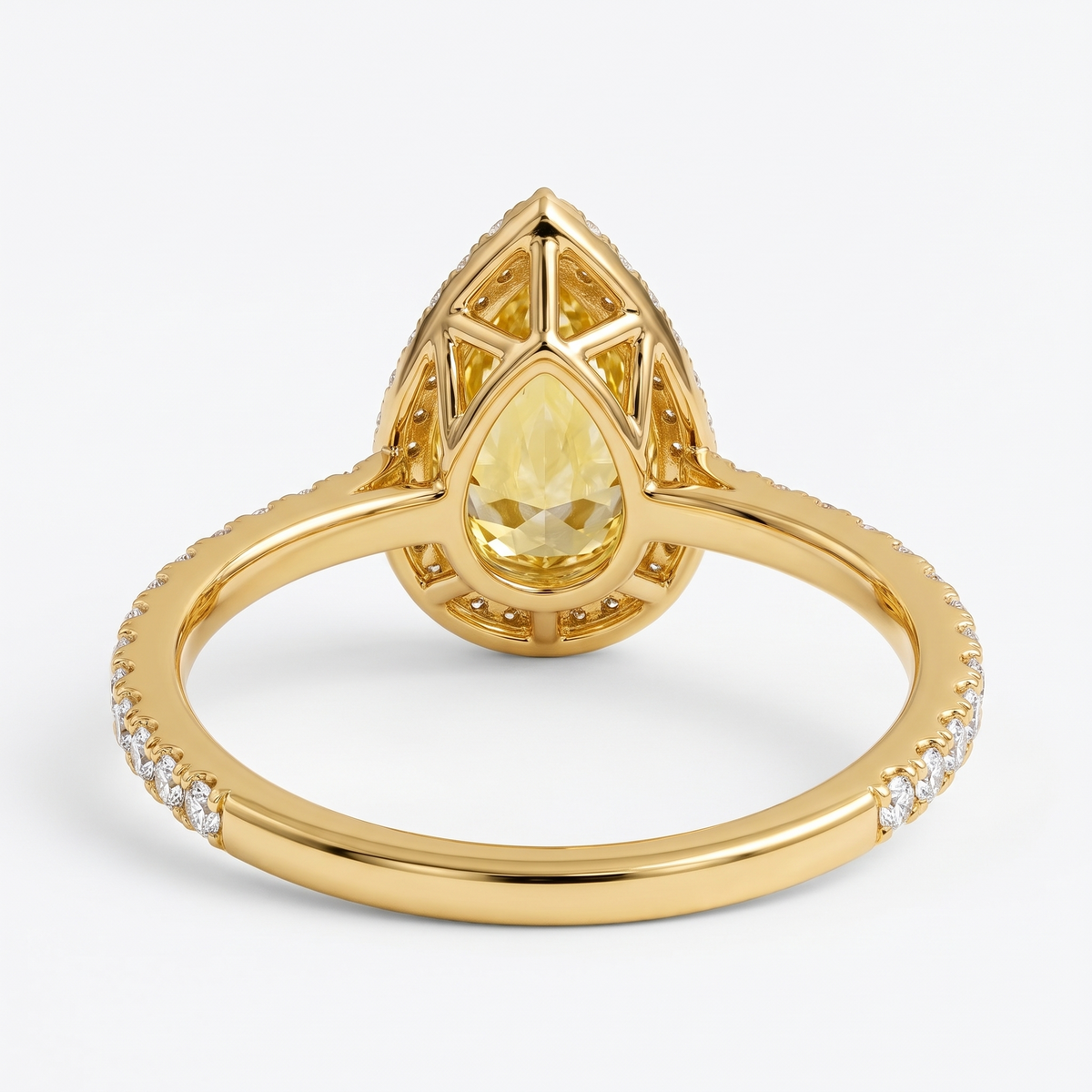 Lumière Pear-Shaped Yellow Lab-Grown Diamond Halo Engagement Ring side and rear construction view on white background