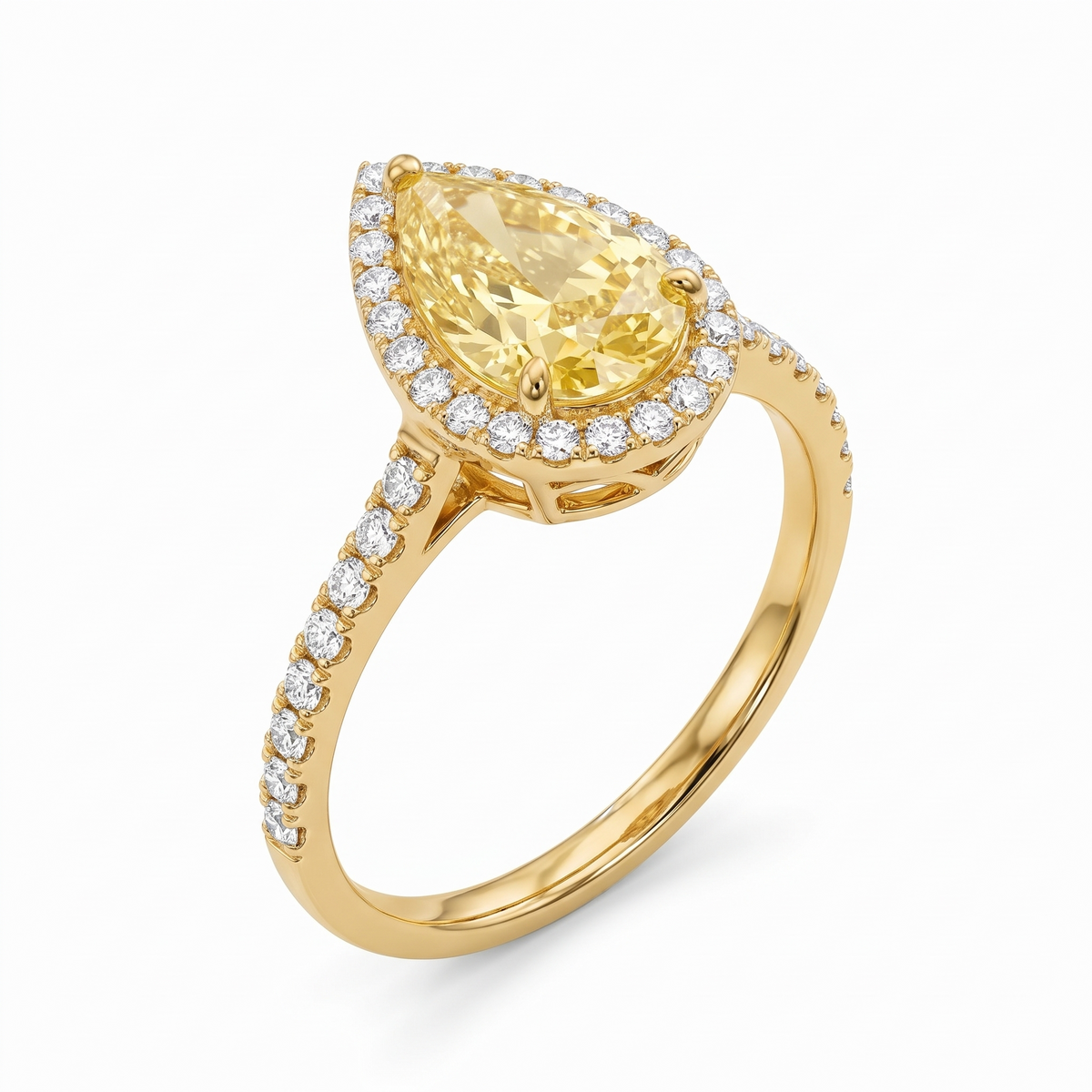 Lumière Pear-Shaped Yellow Lab-Grown Diamond Halo Engagement Ring three-quarter catalog view on white background