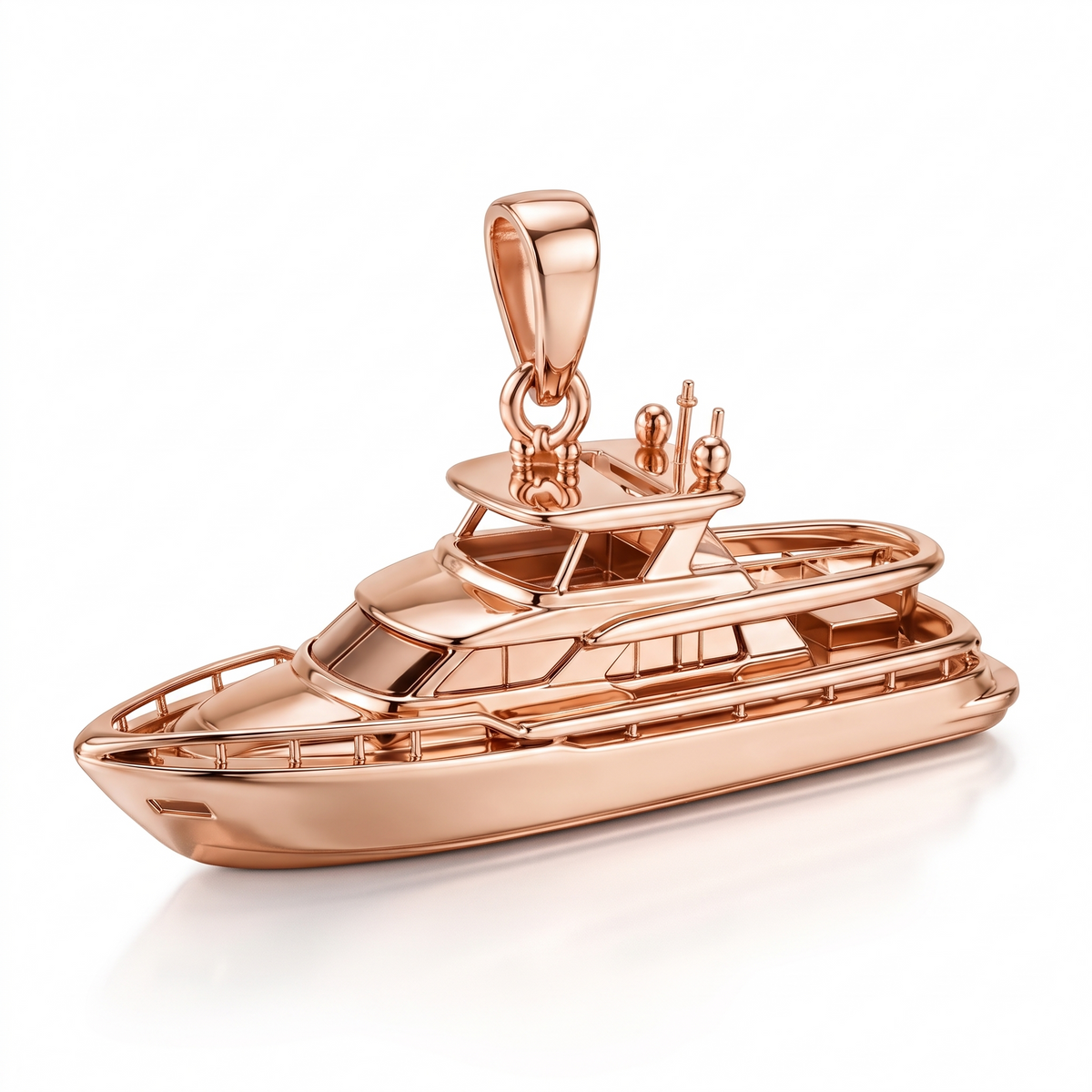 Solid Gold Luxury Yacht Pendant shown in rose-gold color variation on white background