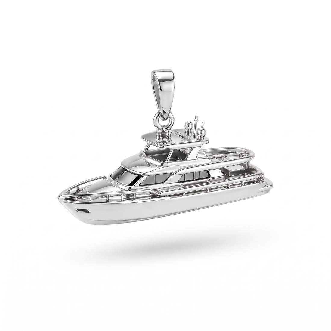 Solid Gold Luxury Yacht Pendant shown in white-gold color variation on white background