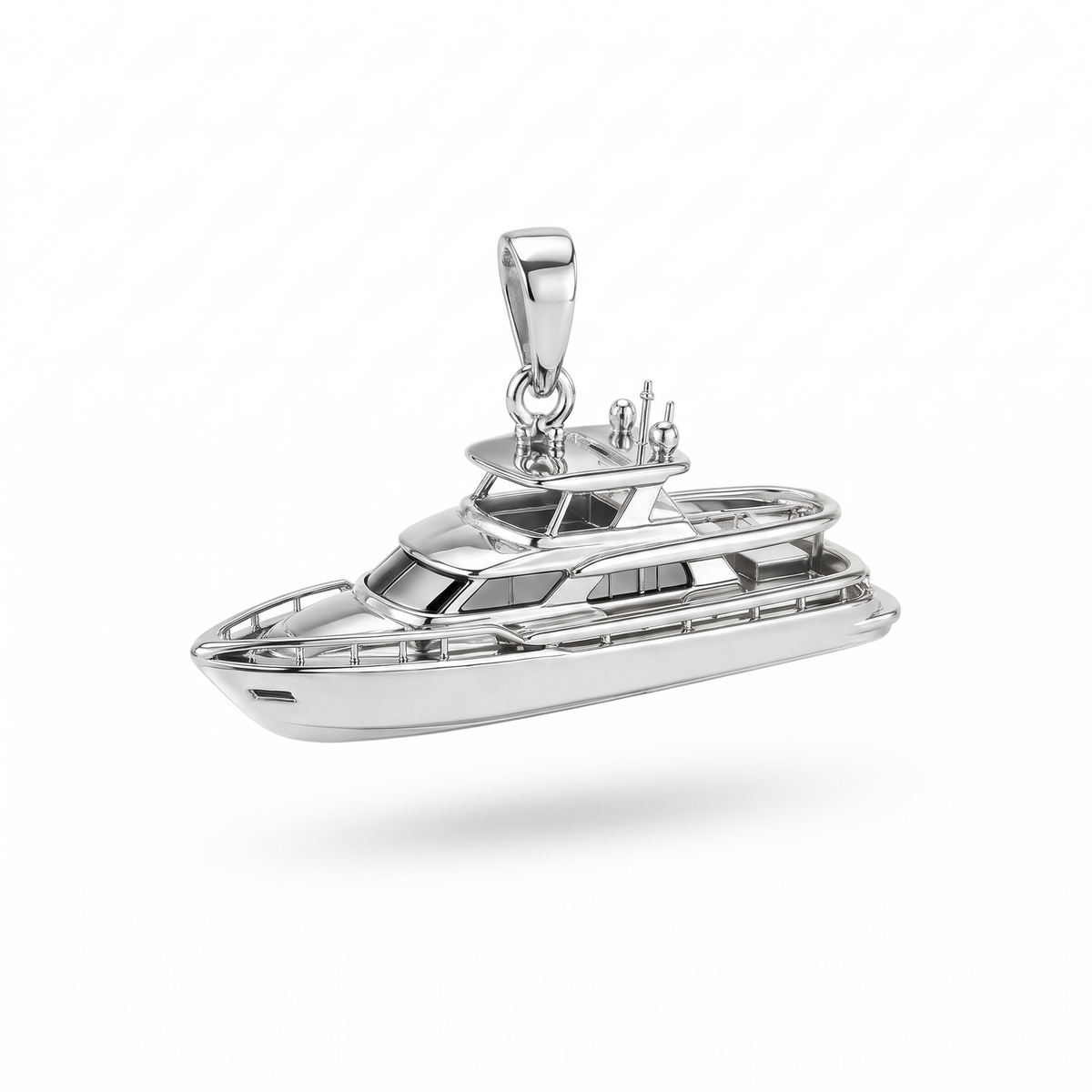 Solid Gold Luxury Yacht Pendant shown in white-gold color variation on white background