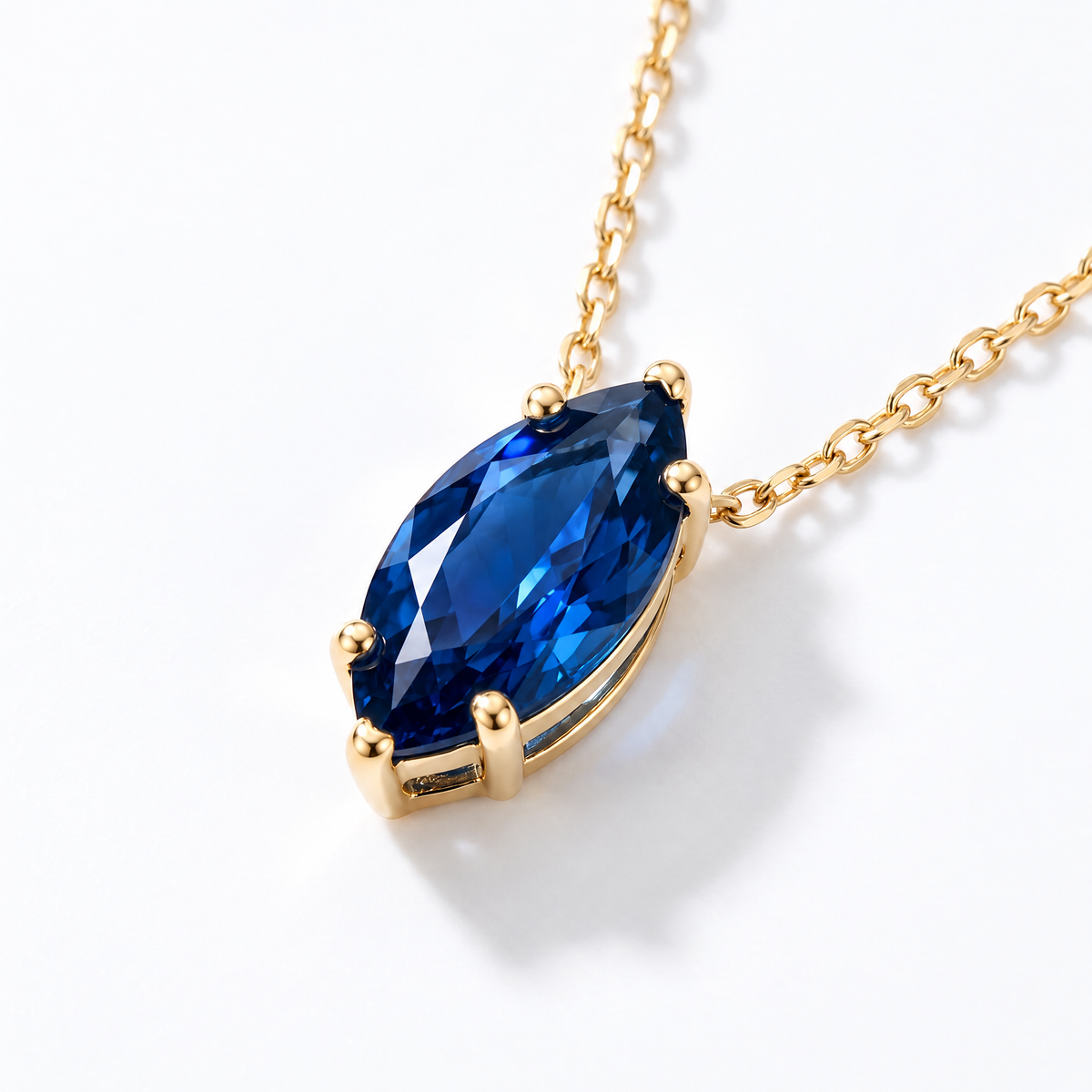 Marquise-Cut Blue Sapphire Solitaire Necklace in Solid Gold, main image — AI-generated design representation