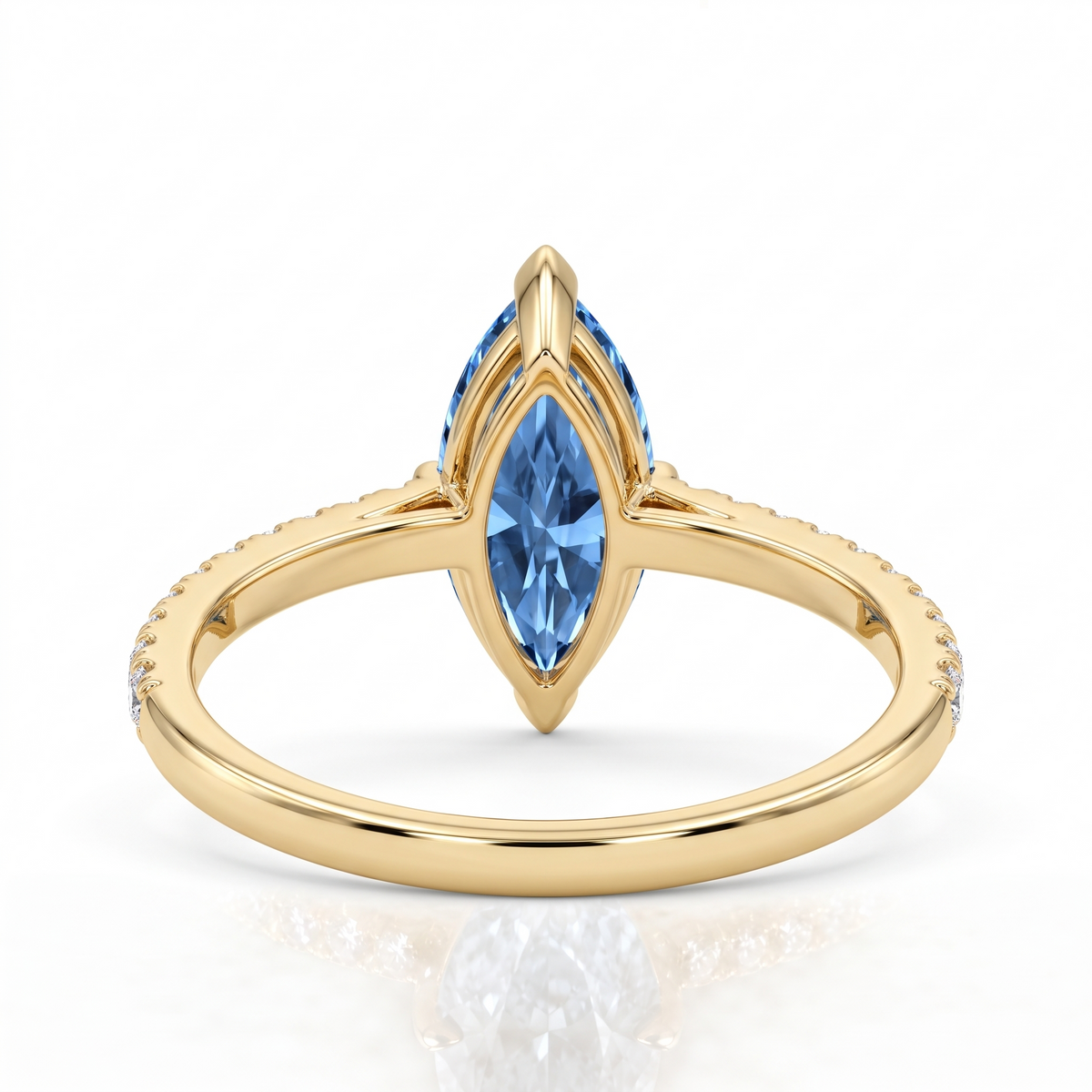 Blue Marquise Lab-Grown Diamond Pavé Engagement Ring side and rear construction view on white background