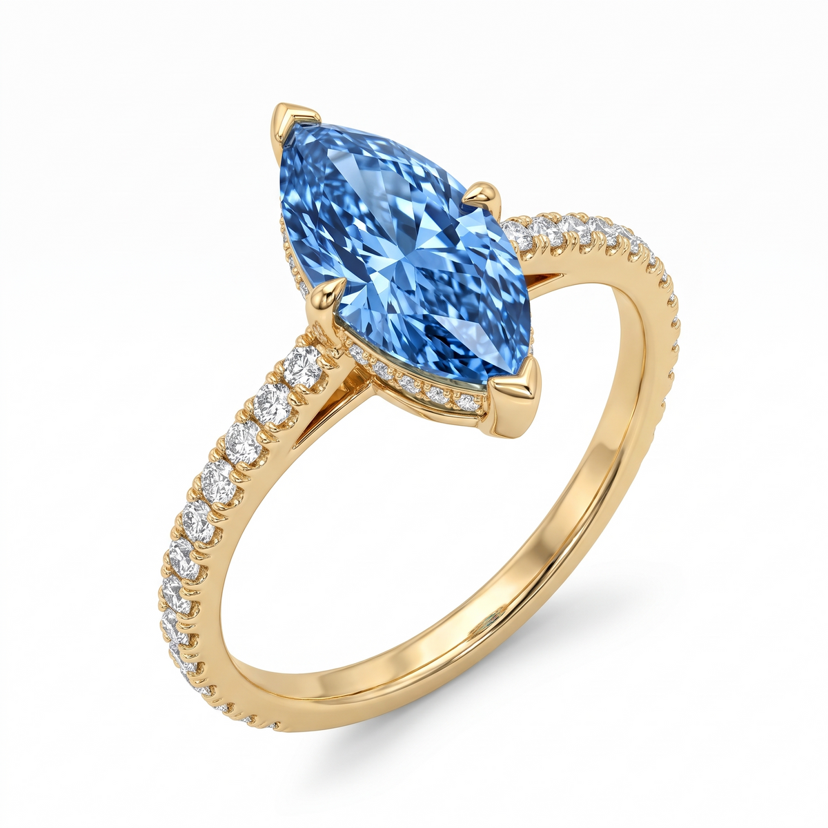 Blue Marquise Lab-Grown Diamond Pavé Engagement Ring three-quarter catalog view on white background