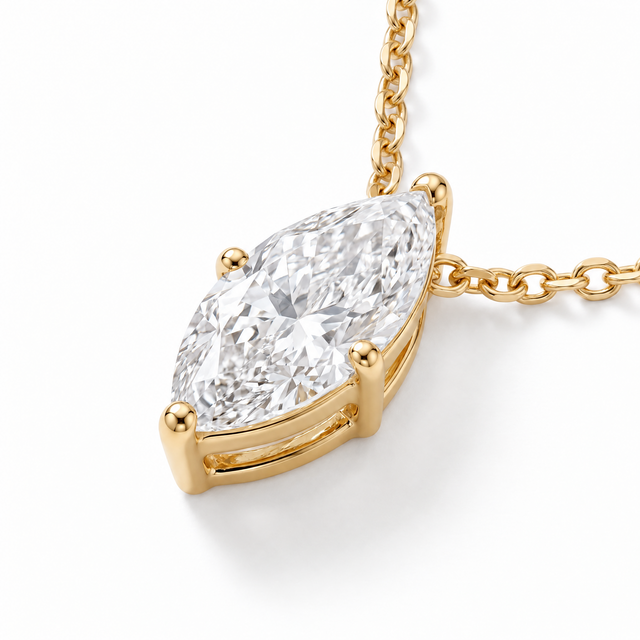 Marquise-cut diamond solitaire necklace in yellow gold — AI-generated design representation