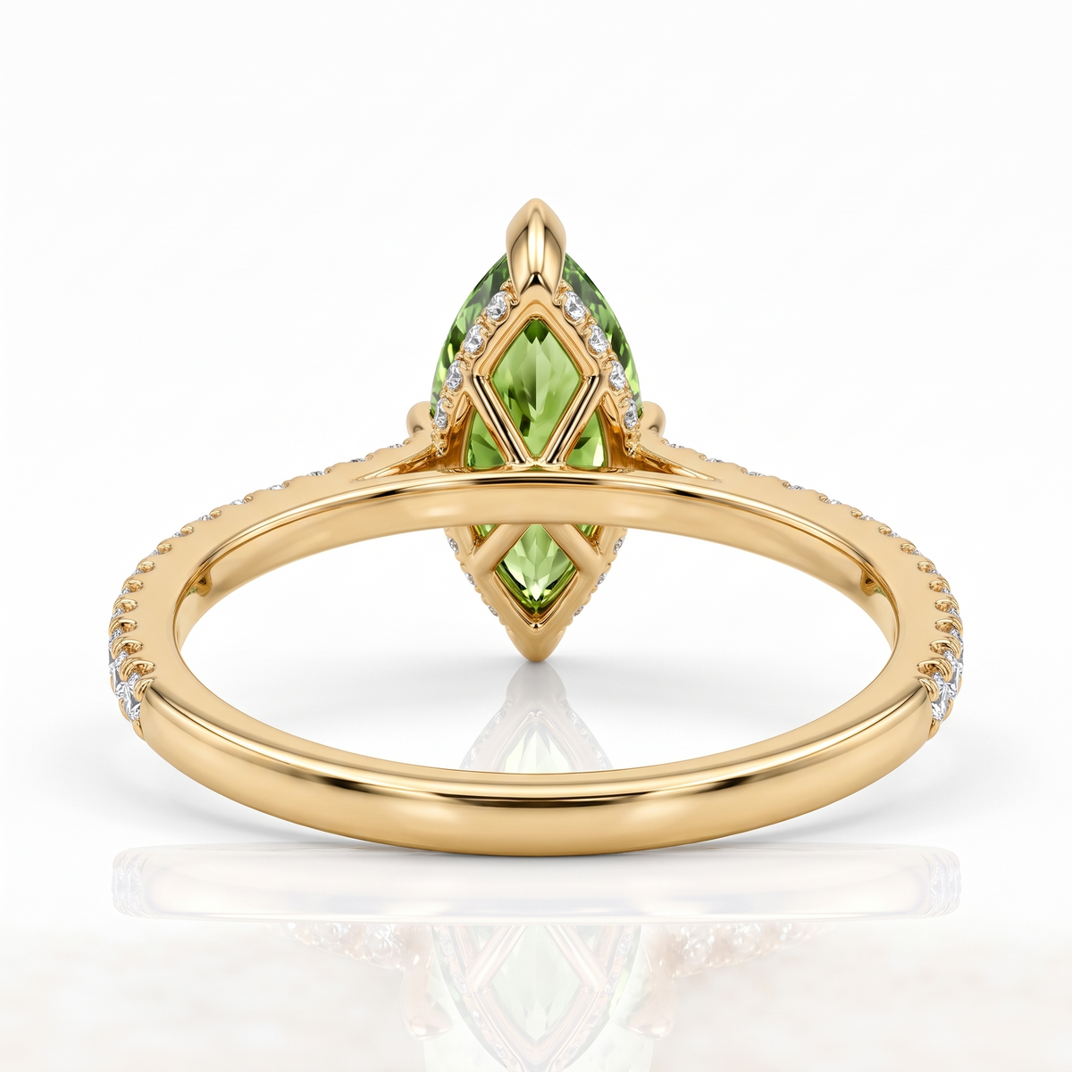 Green Marquise Lab-Grown Diamond Pavé Engagement Ring side and rear construction view on white background