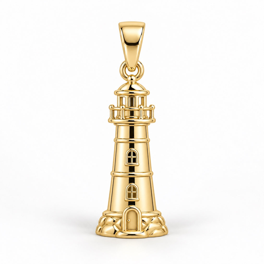 Yellow-gold lighthouse pendant design rendering with arched windows, a balcony, lantern room and sculpted base on white.