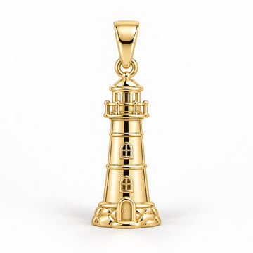Yellow-gold lighthouse pendant design rendering with arched windows, a balcony, lantern room and sculpted base on white.