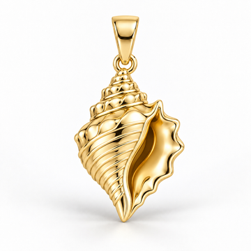 Yellow-gold conch shell pendant design rendering with a spiral spire, raised ridges and flared opening on white.