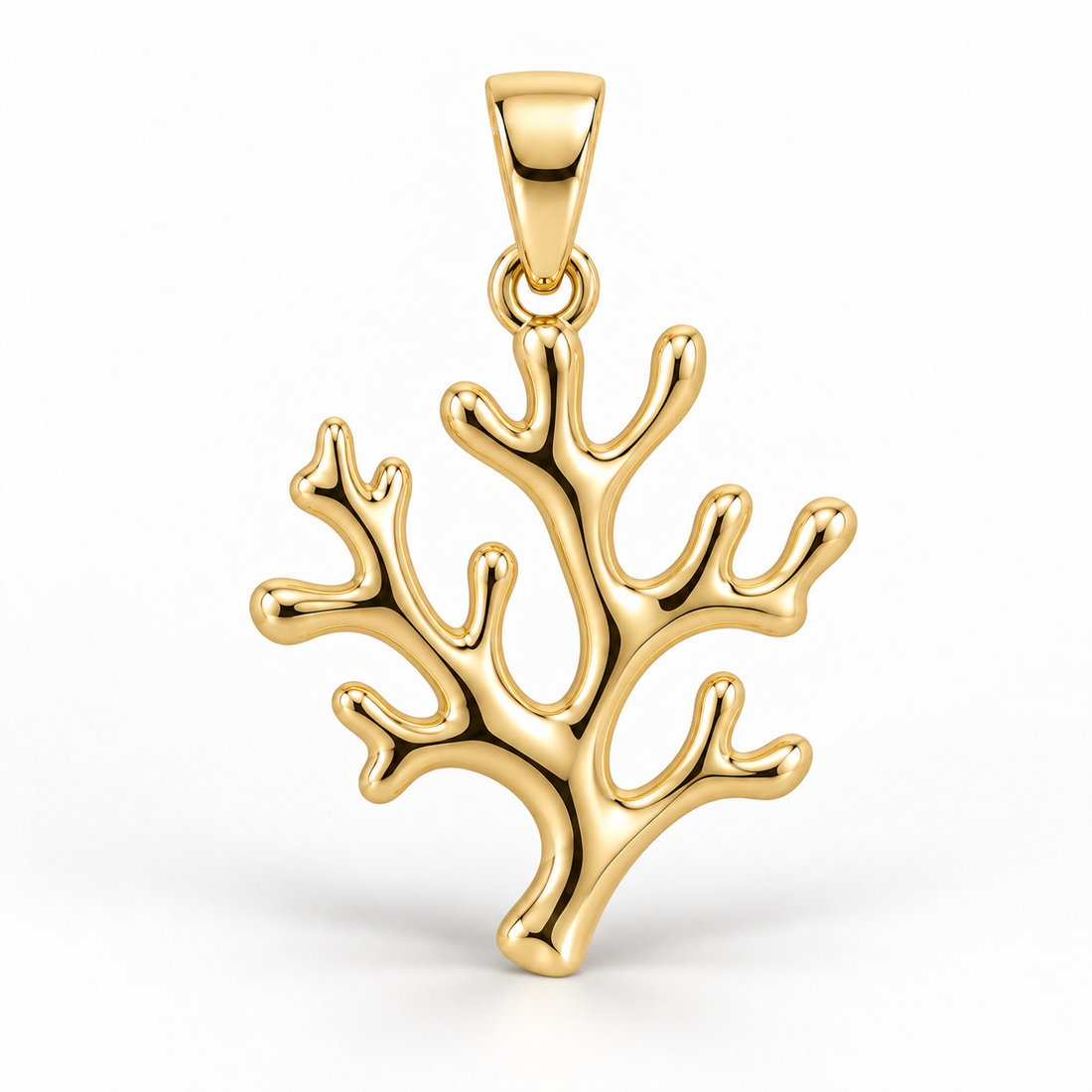 Yellow-gold coral branch pendant design rendering with smooth branching forms and rounded tips; no natural coral.