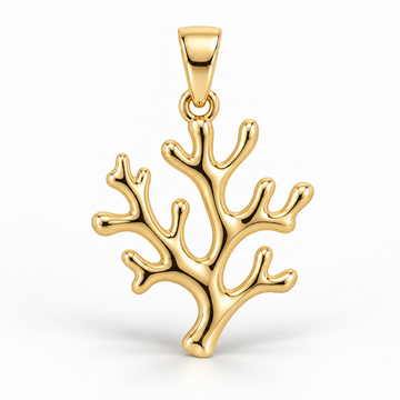Yellow-gold coral branch pendant design rendering with smooth branching forms and rounded tips; no natural coral.