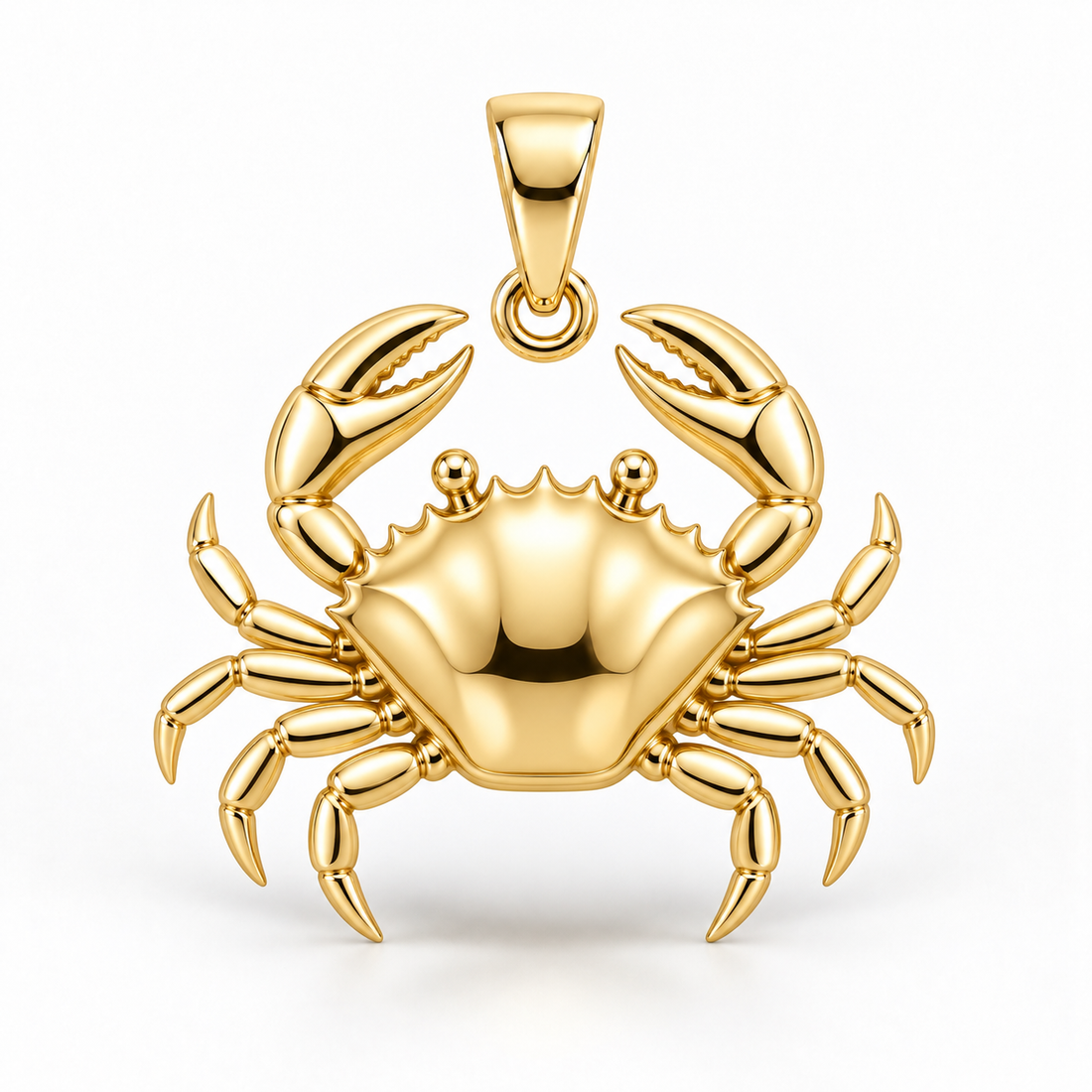 Yellow-gold crab pendant concept rendering with a sculpted shell, raised claws and segmented legs on white.