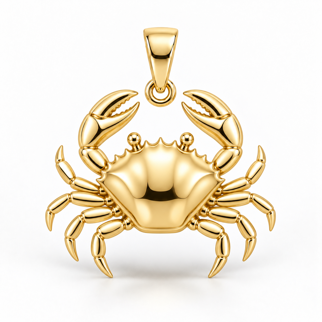 Yellow-gold crab pendant concept rendering with a sculpted shell, raised claws and segmented legs on white.