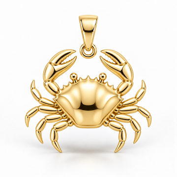 Yellow-gold crab pendant concept rendering with a sculpted shell, raised claws and segmented legs on white.