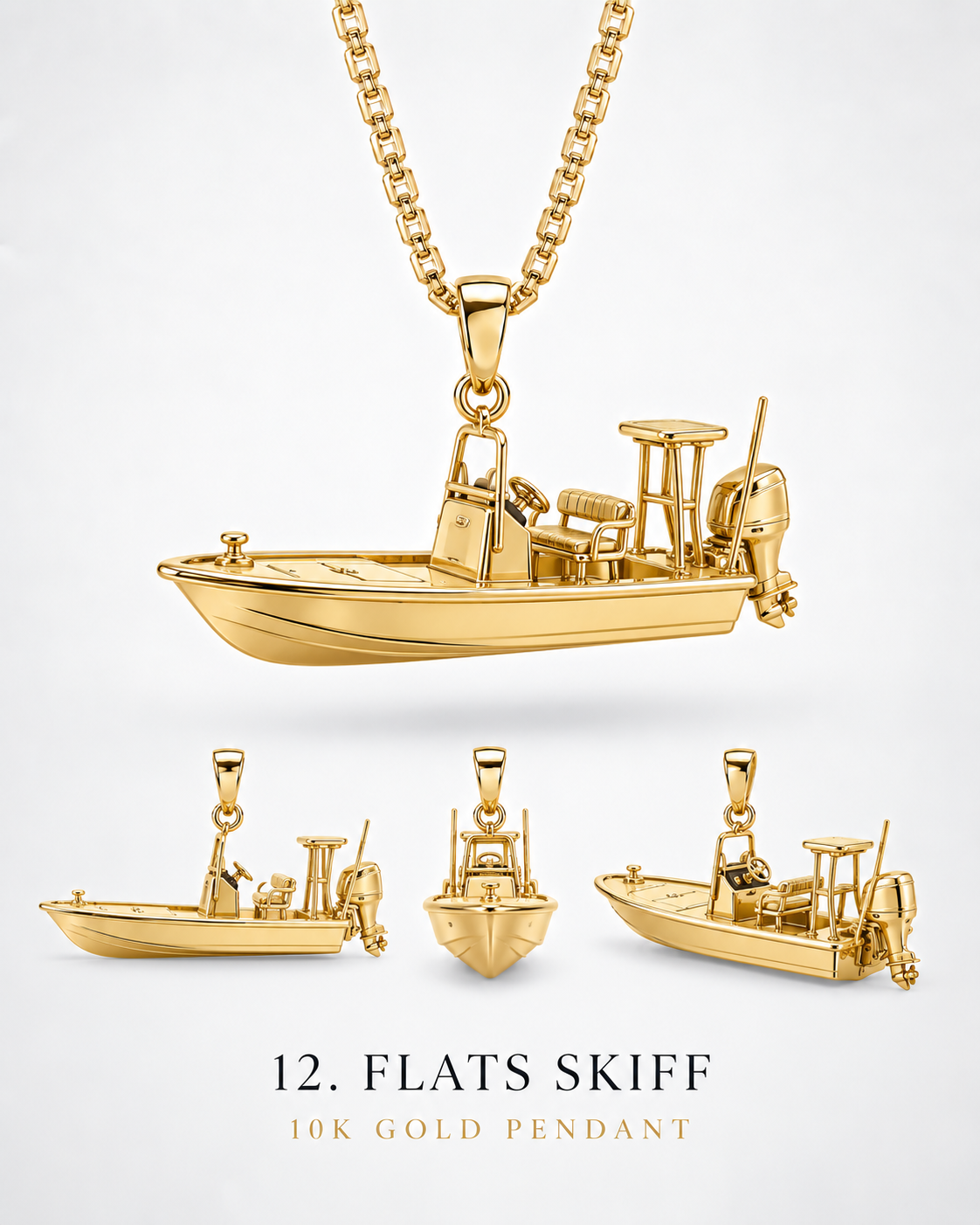 Flats skiff pendant catalog with yellow-gold hero and alternate views. AI-generated design rendering; display chain not included.